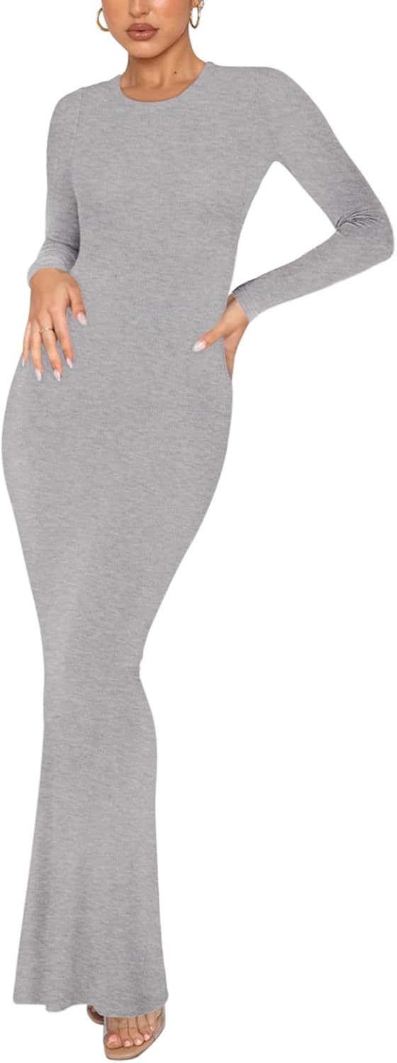 REORIA Women's Sexy Crew Neck Lounge Long Dress Elegant Long Sleeve Ribbed Bodyc...