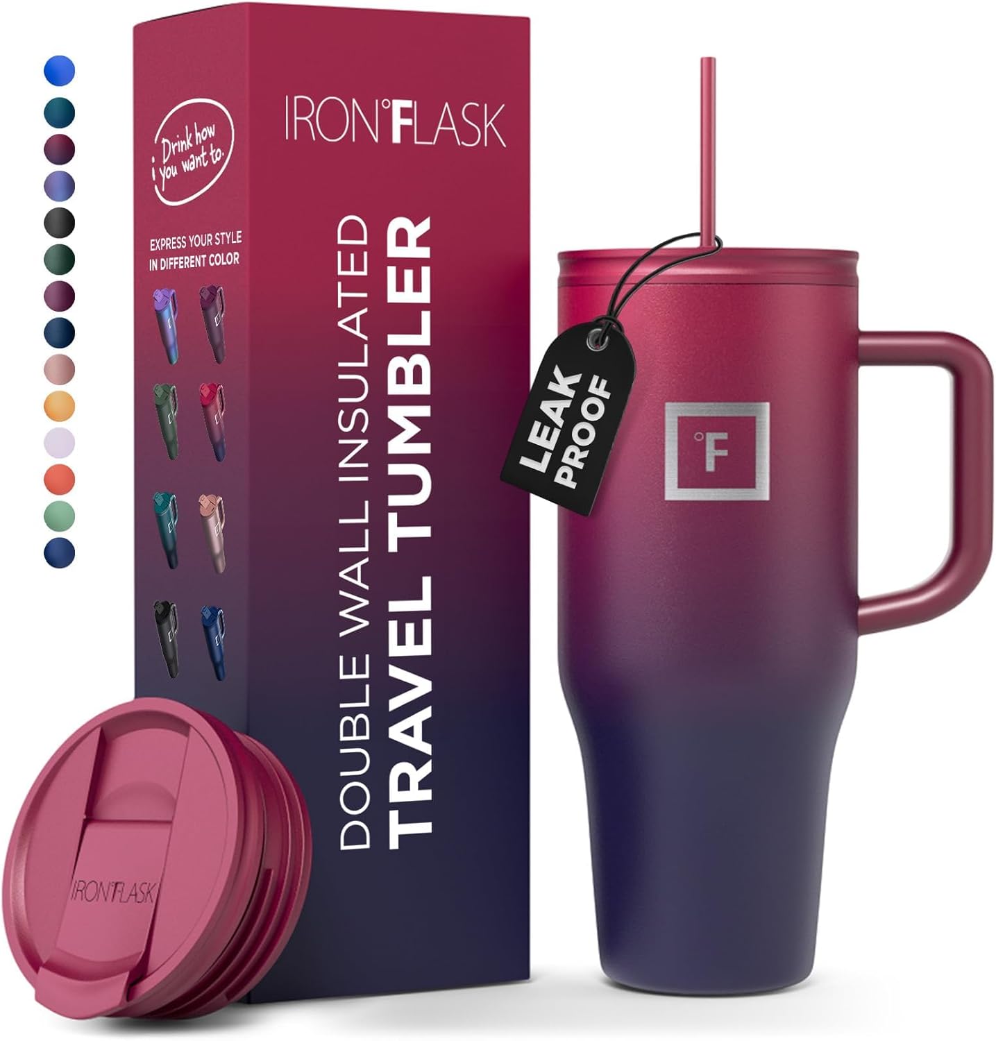 IRON °FLASK Co-Pilot Insulated Mug w/Straw & Flip Cap Lids - Cup Holder Bottle f...