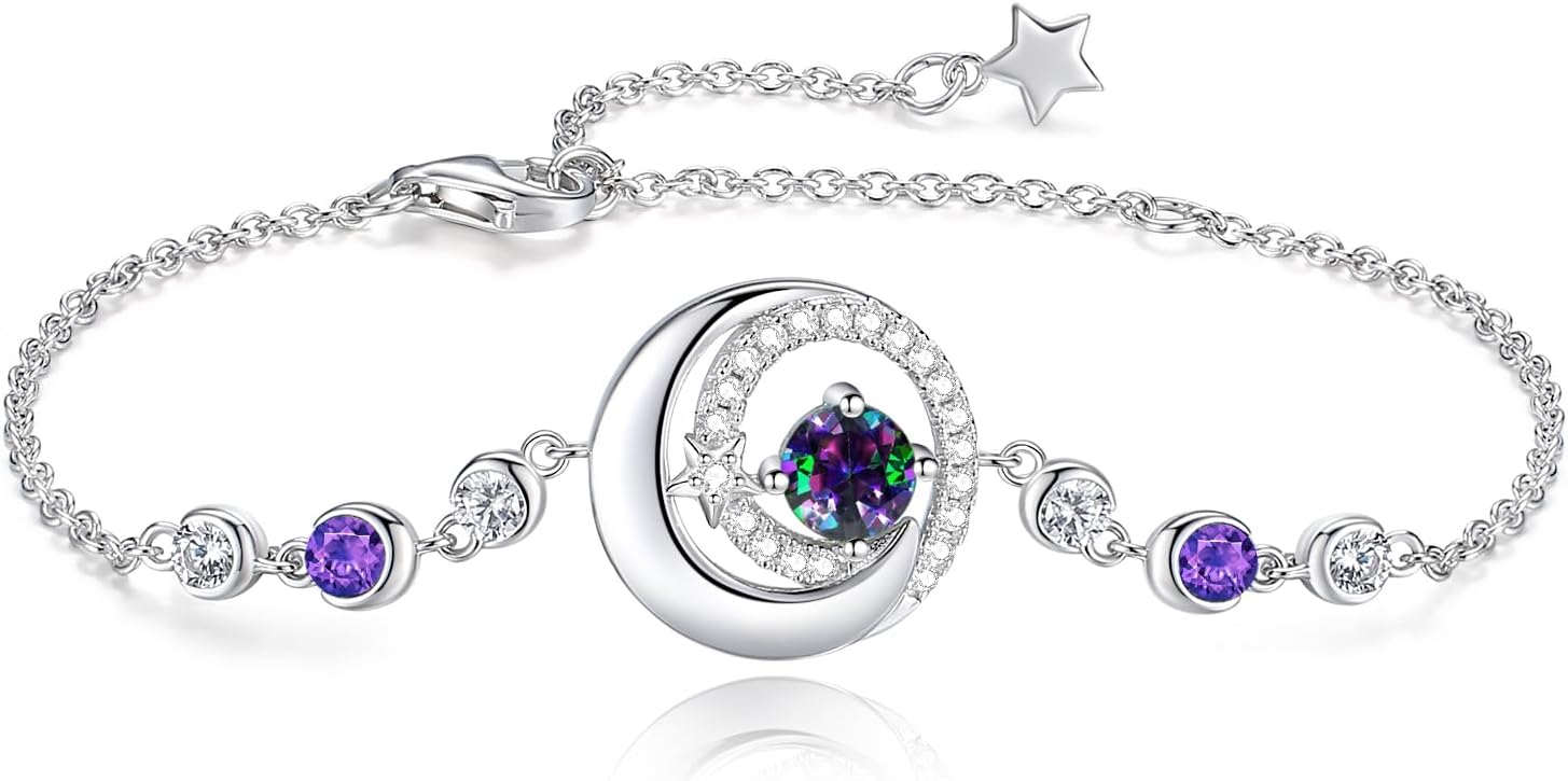 FANCIME Birthstone Bracelets 925 Sterling Silver Moon and Star Bangle Charm Brac...