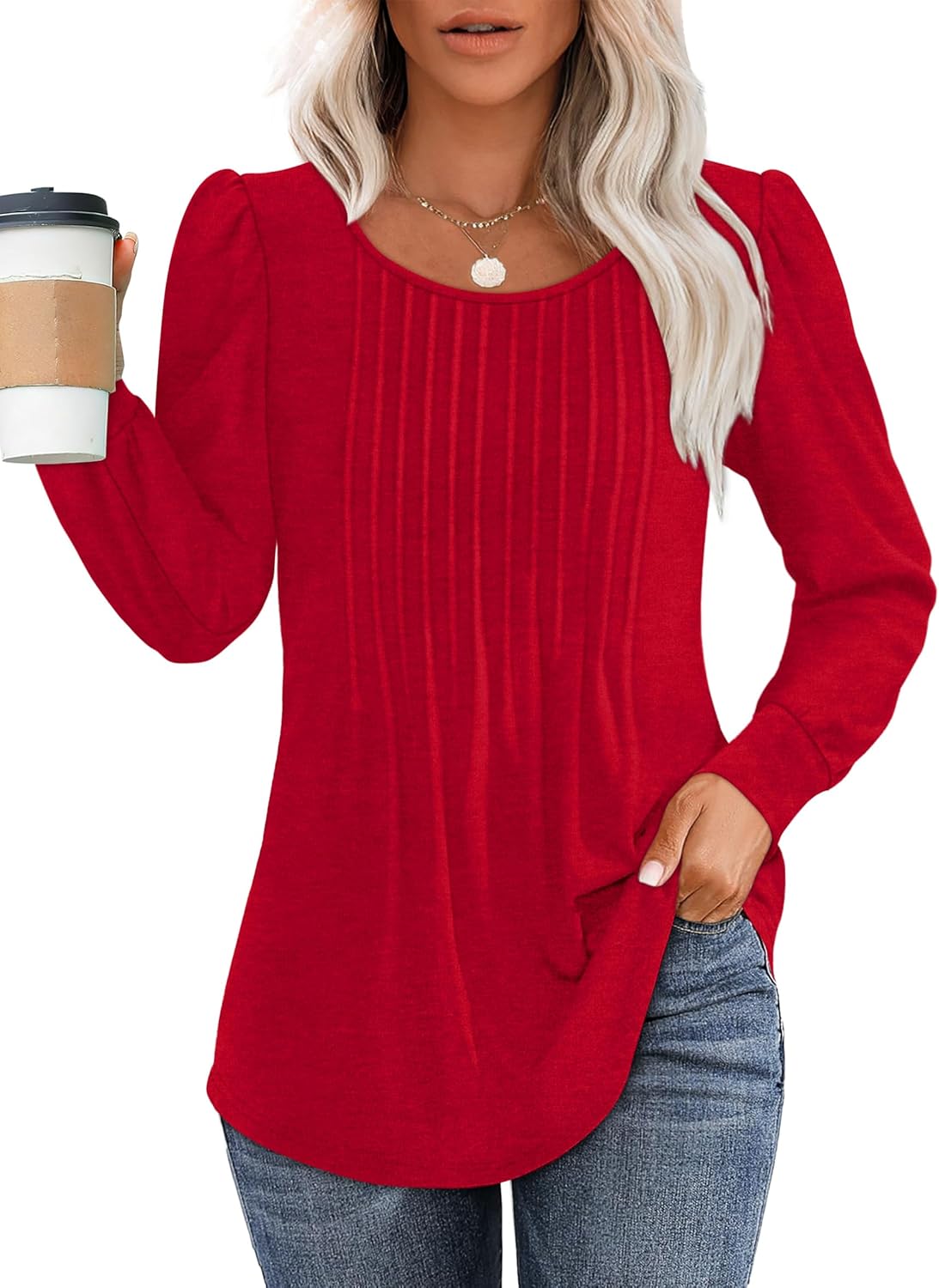 OFEEFAN Long Sleeve Shirts for Women Fall Tops Dressy Casual Blouses Pleated Sco...