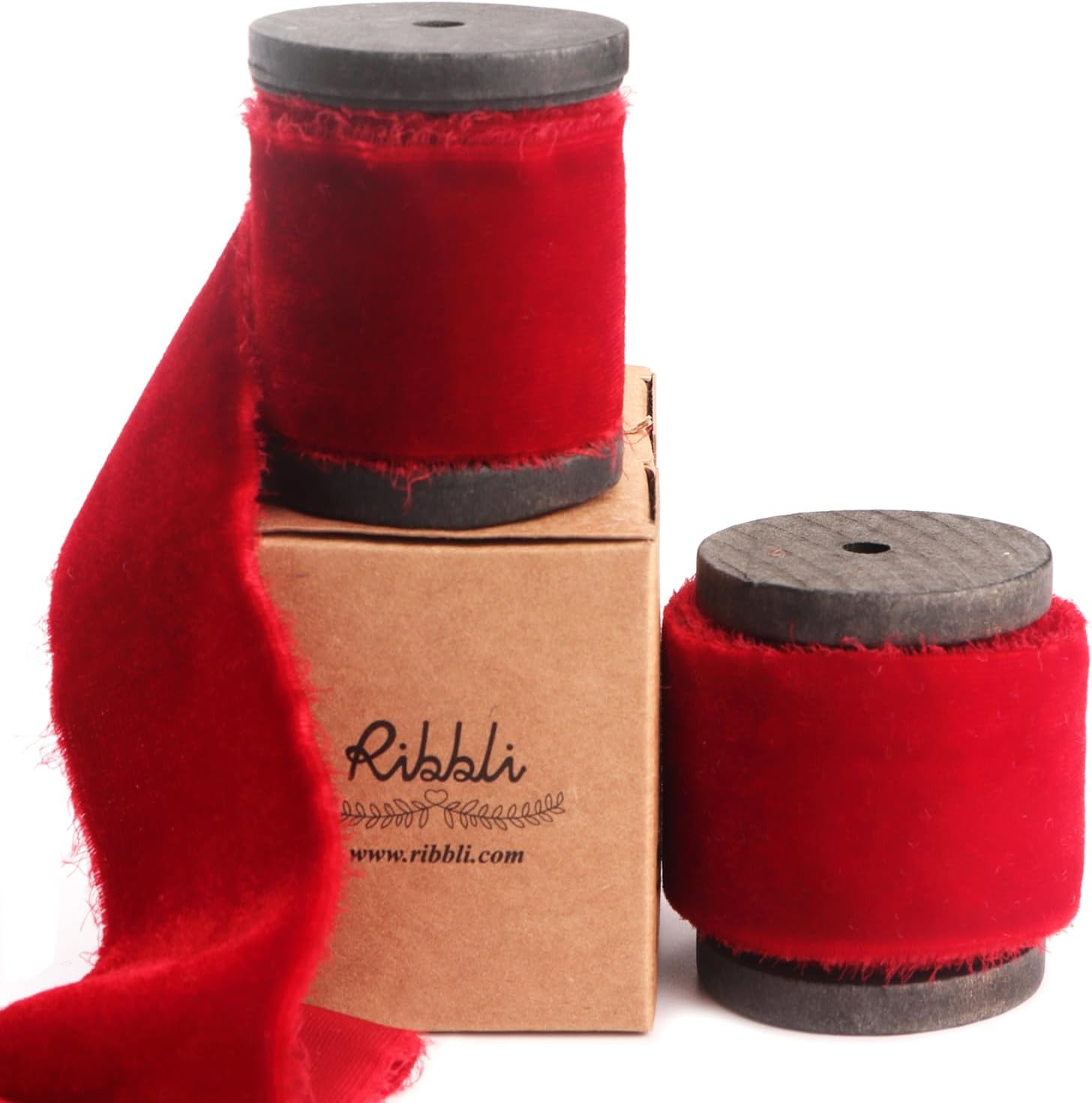Ribbli Red Velvet Ribbon 1.5 Inch Handmade Frayed Vintage Christmas Ribbon for G...