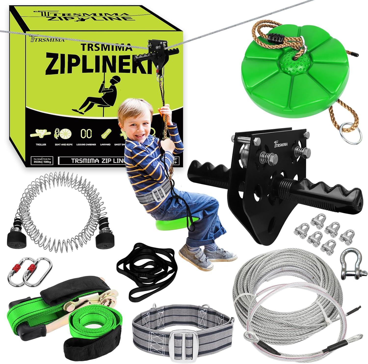 TRSMIMA Zipline Kit for Kids and Adult 200ft Zipline with Spring Brake Safety Ha...