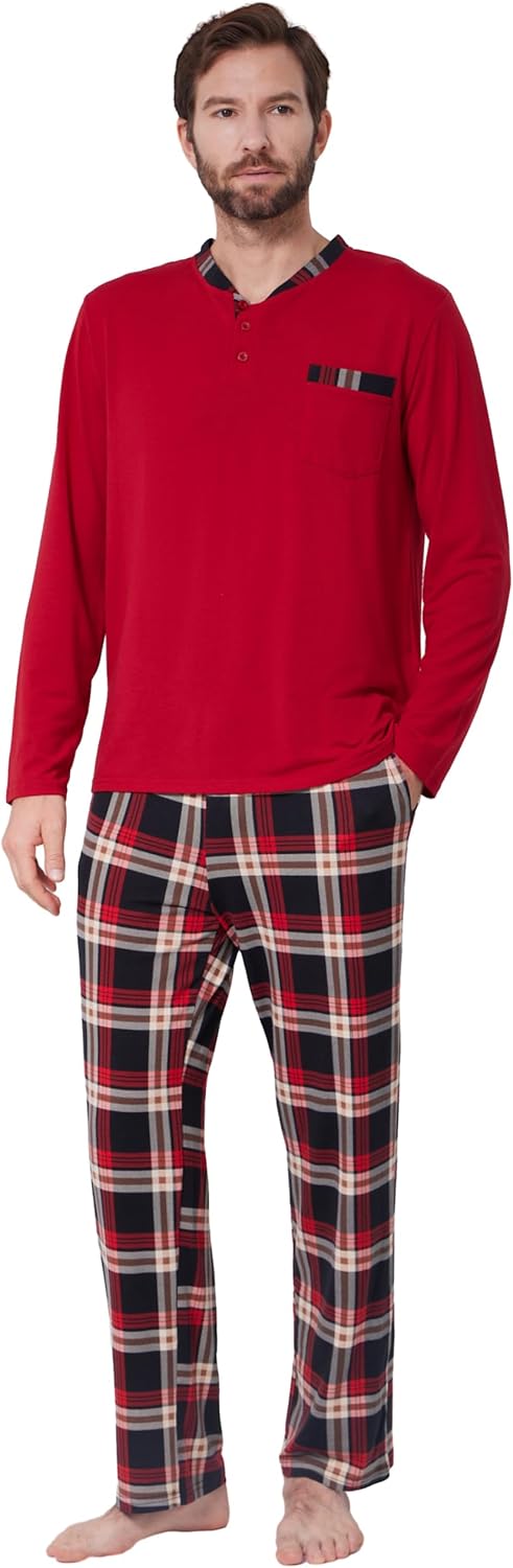 YIMANIE Men's Pajamas Set Soft Cotton Long Sleeves and Pajamas pants Classic Sle...