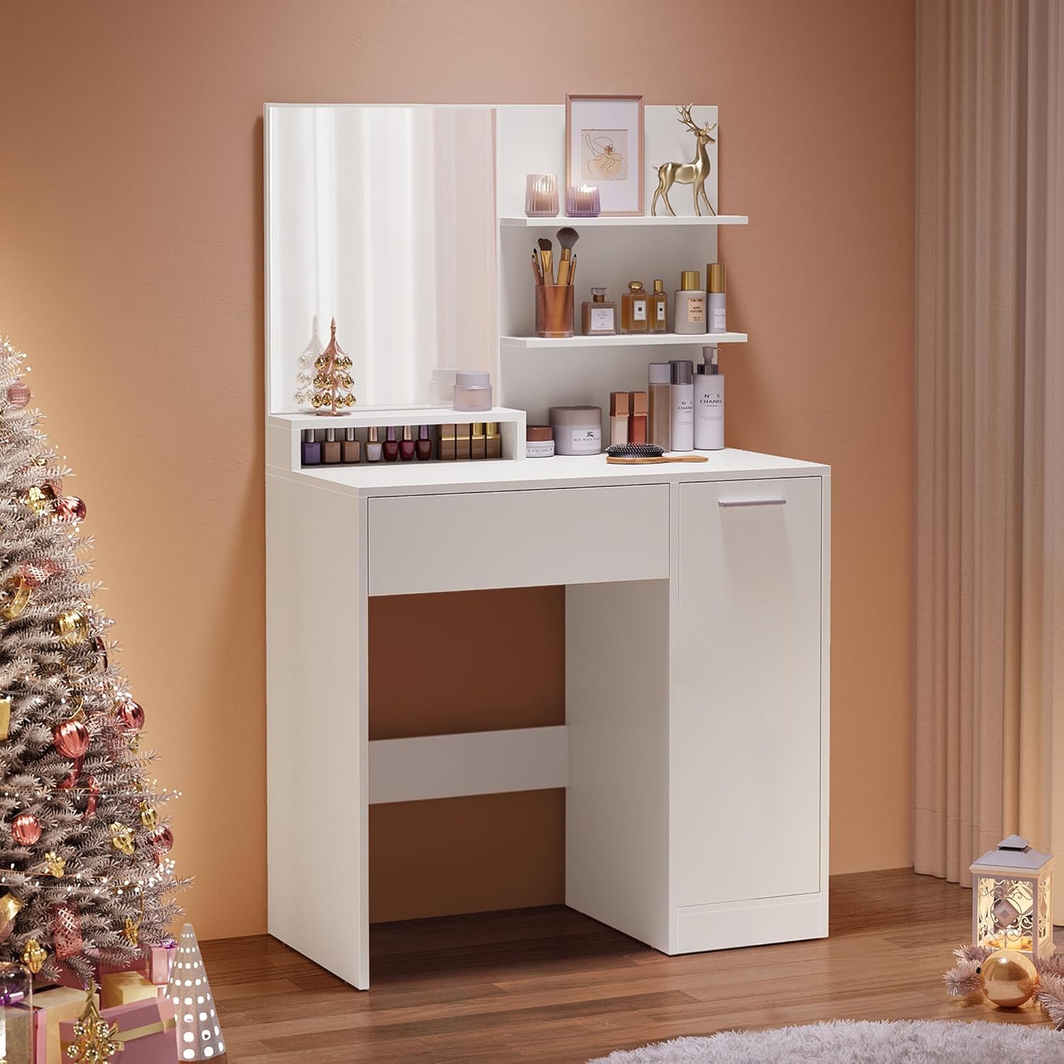 VASAGLE Dressing Table, Vanity Table with Mirror, 1 Drawer, 2 Shelves, Storage C...