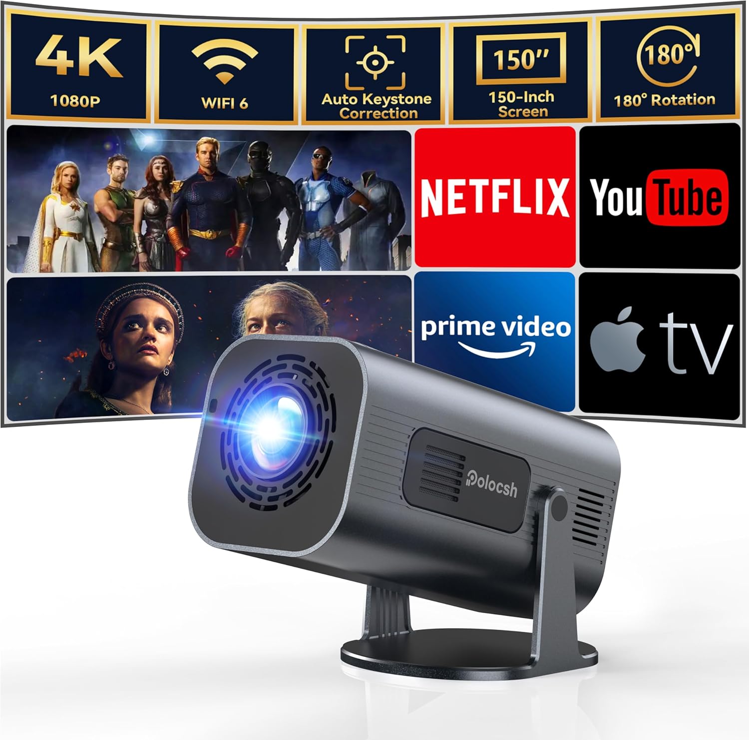 Polocsh Projector 4k 1080p Full HD, Mini Projector with Auto Keystone, Smart Pro...