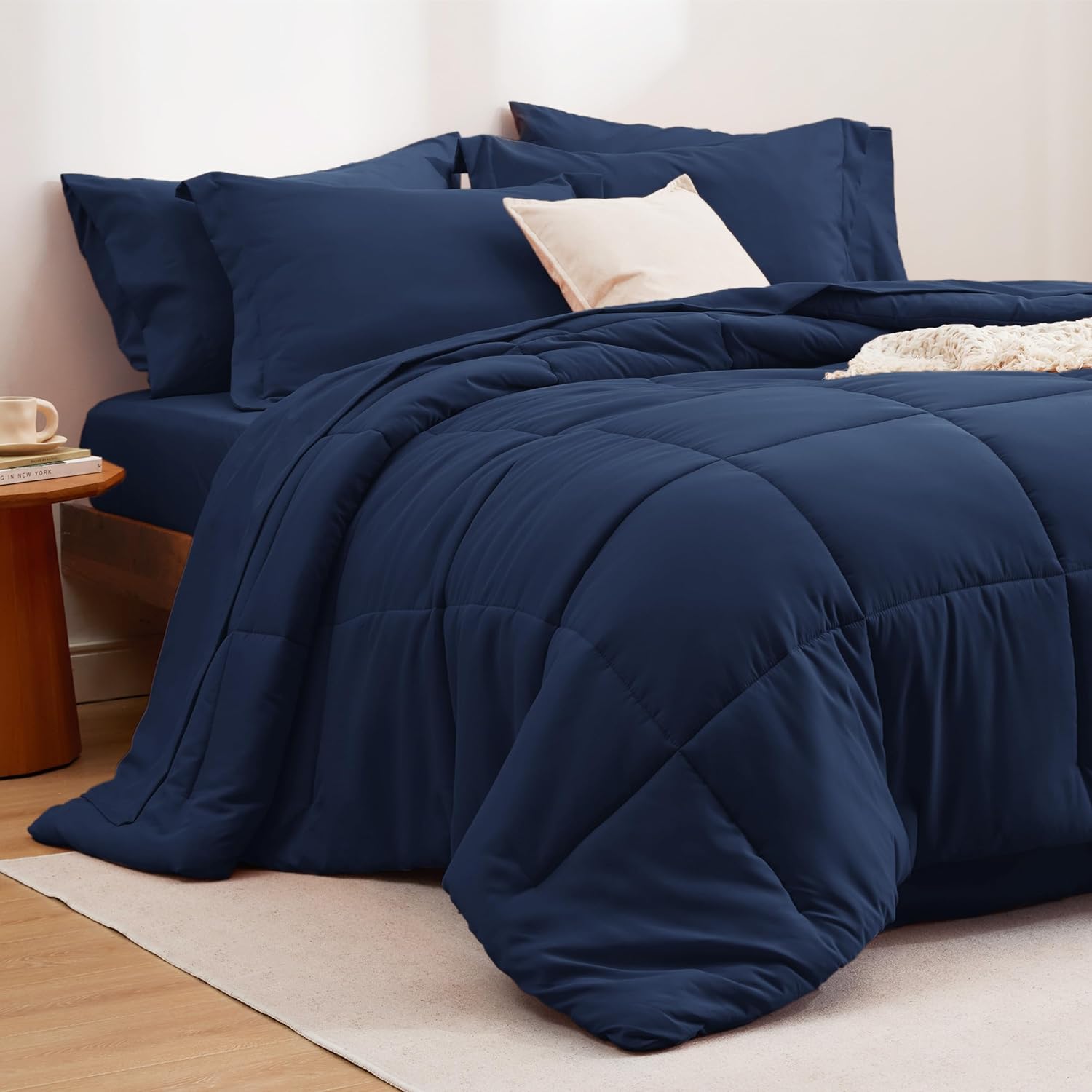 Bedsure Navy Full Comforter Set - 7 Pieces Solid Full Bed in a Bag, Full Bed Set...