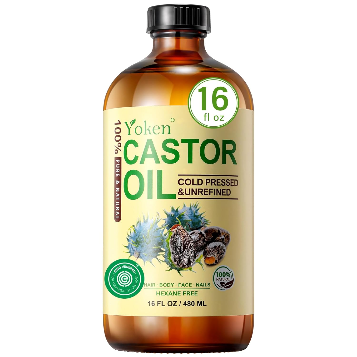 Yoken Pure Castor Oil Glass Bottle 16 fl oz 100% Natural Cold Pressed Castor oil...