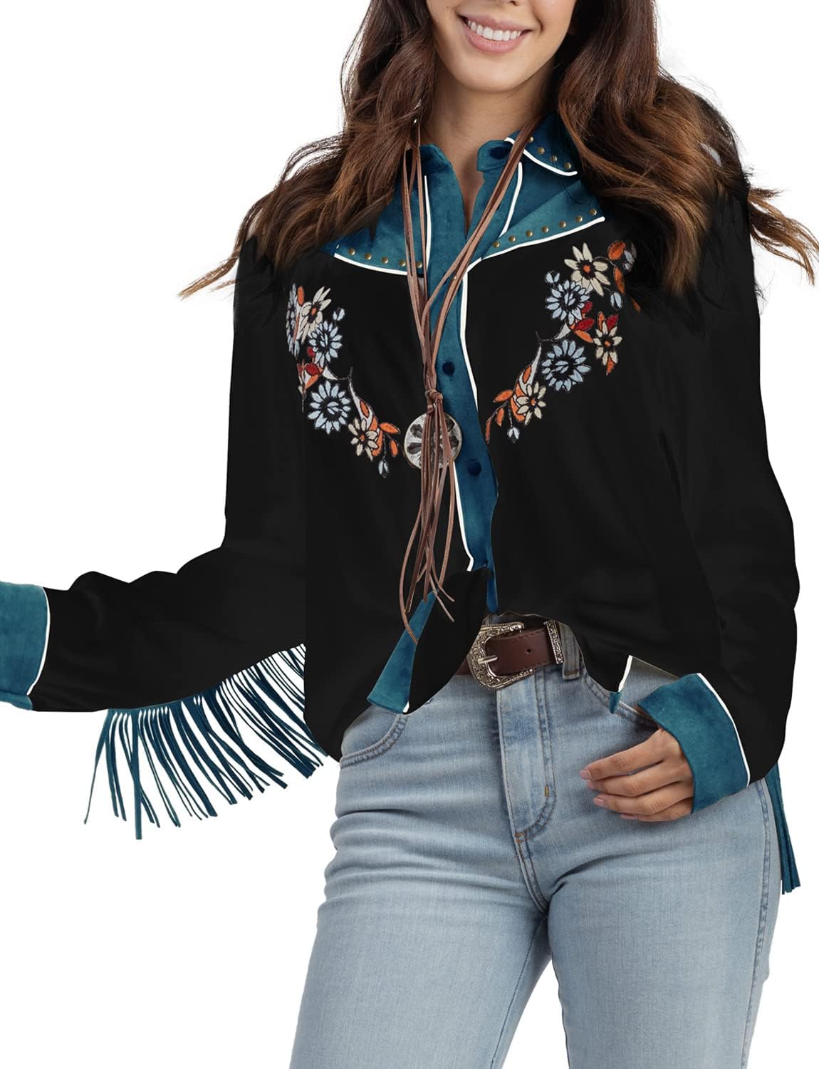 JOHN MOON Women's Embroidered Western Long Sleeve Buttons Down Shirts Collared R...