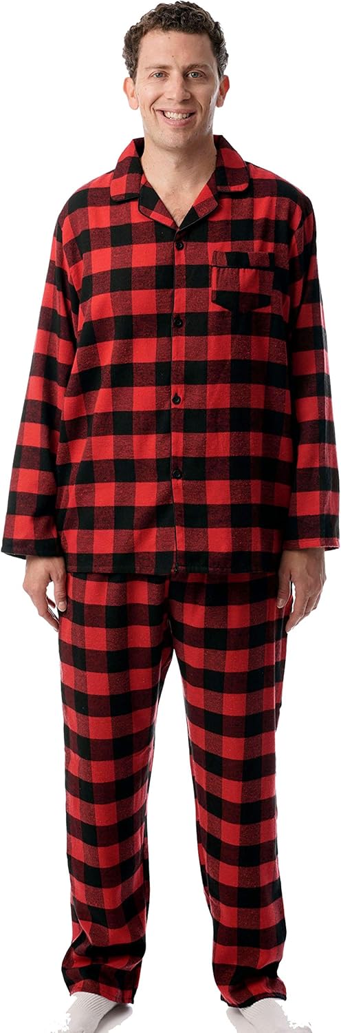 #followme Men’s Plaid Button Front Flannel Pajamas Set - Long Sleeve Long Pant L...