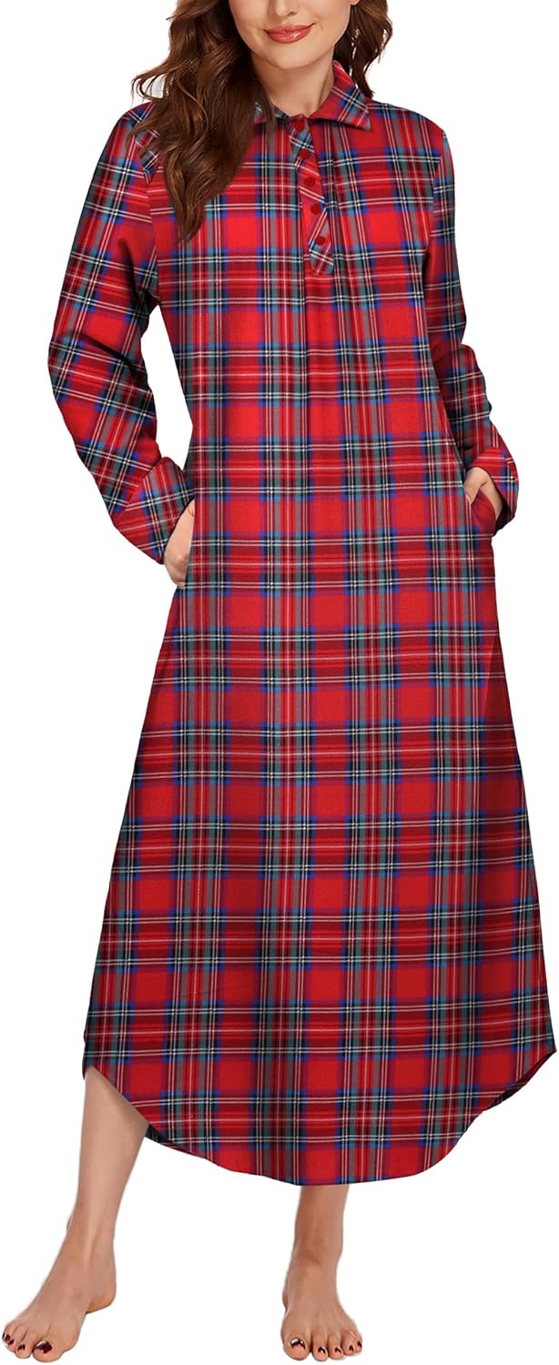 Ekouaer Women's Nightgown Long Sleeve Nightshirt Full Length Loungewear Plaid Sl...