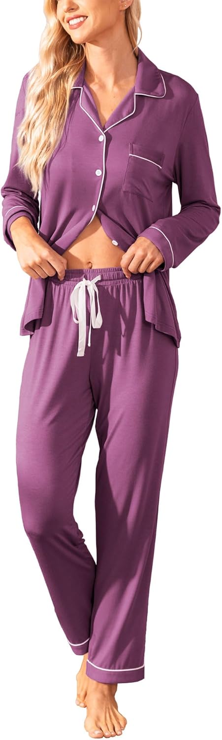 Samring Pajamas Women's Long Sleeve Sleepwear Button Down Pj Sets Soft Loungewea...