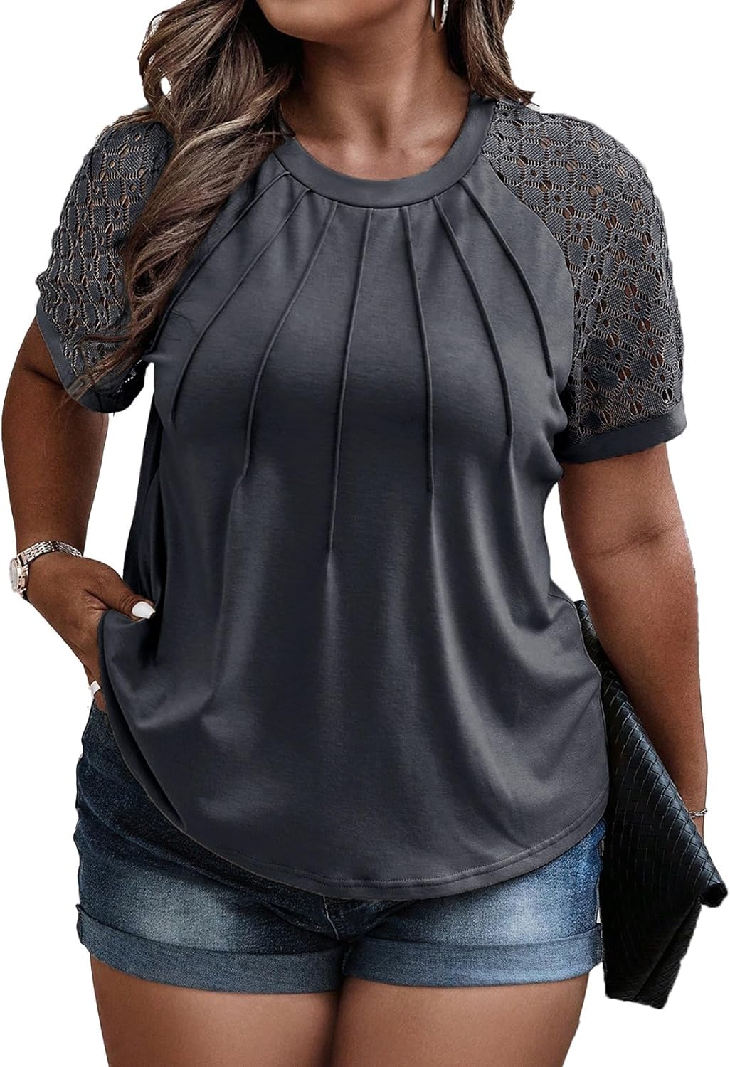 Eytino Plus Size Tops for Women Summer Lace Short Sleeve Crewneck Loose Casual B...