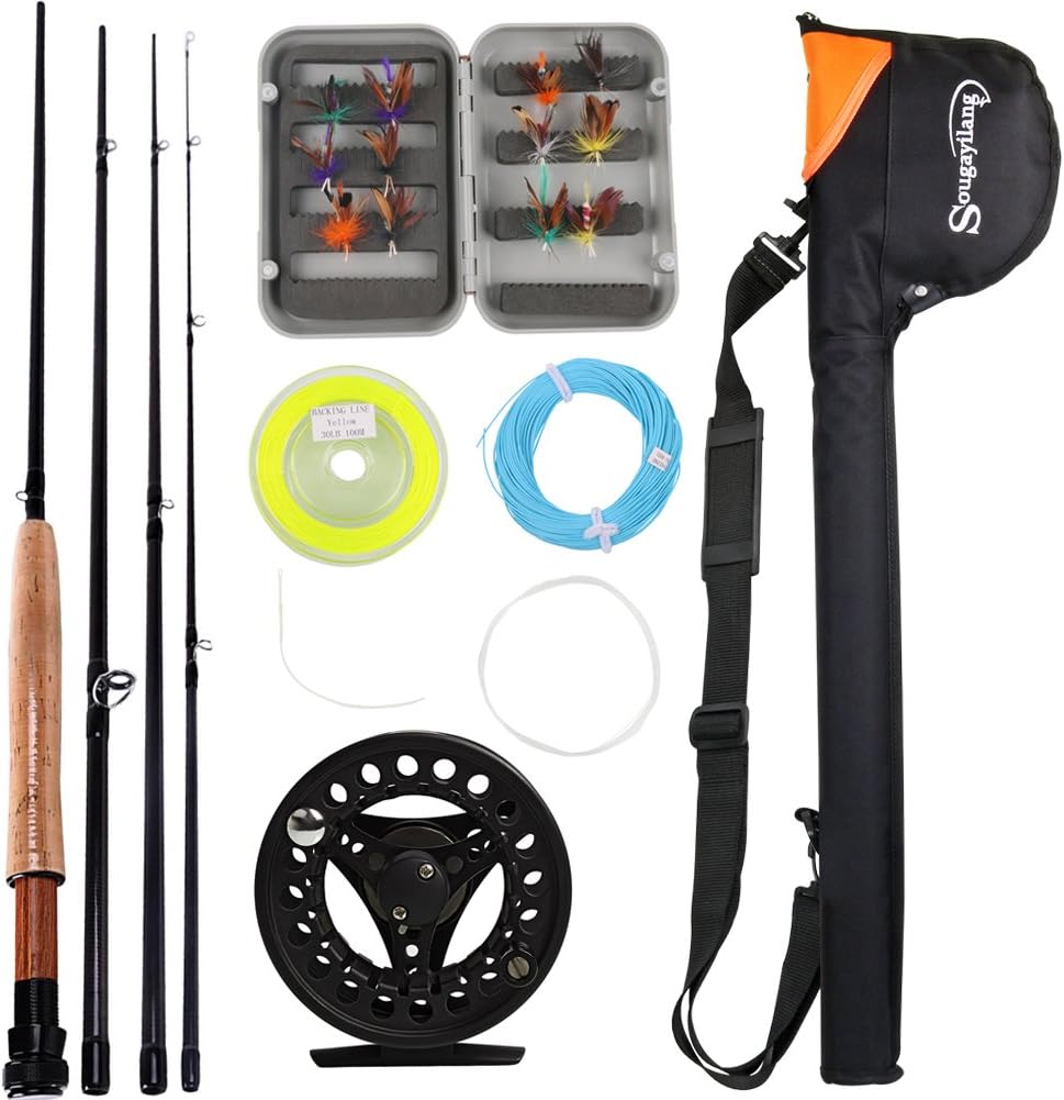 Sougayilang Saltwater Freshwater Fly Fishing Rod with Reel Combo Kit B: Black Ki...