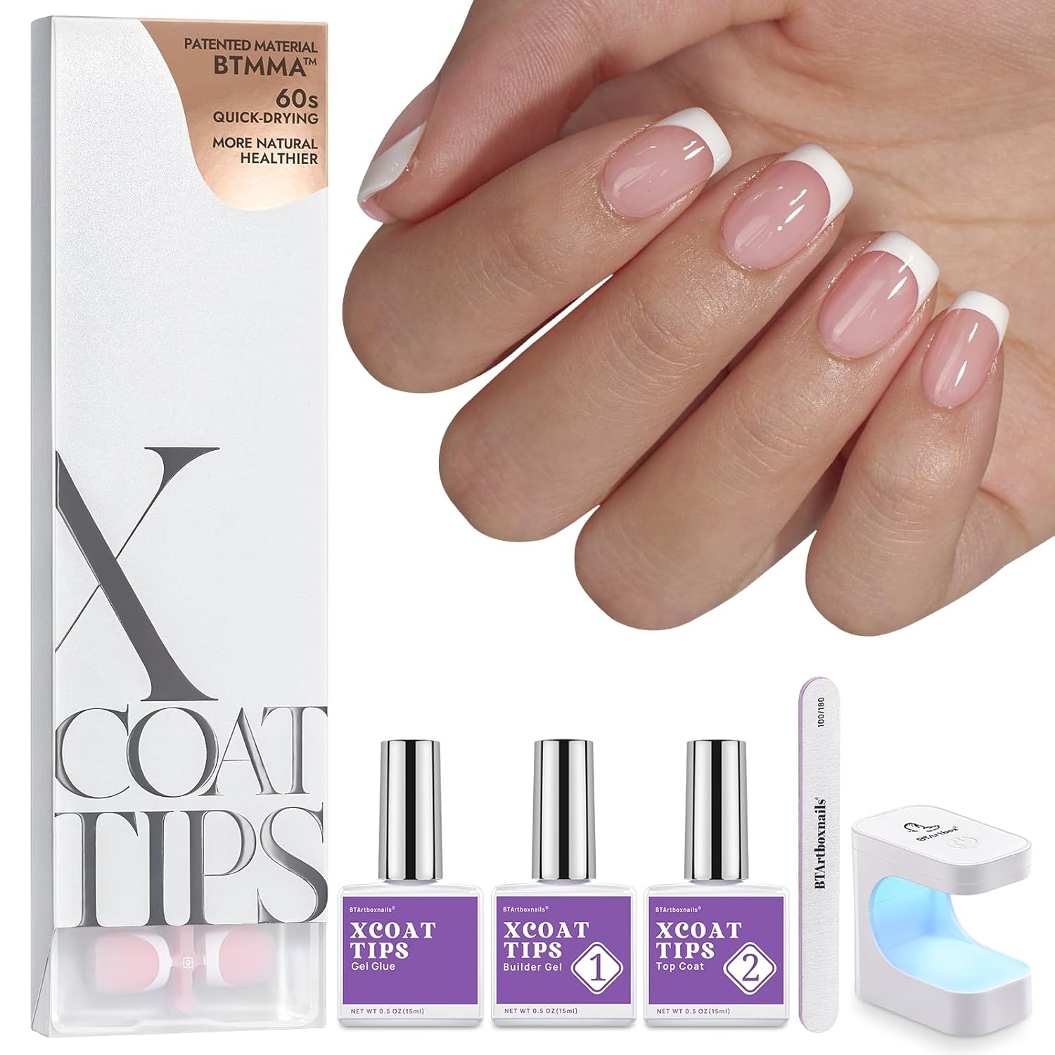 BTArtboxnails XCOATTIPS French Nails - Extra Short Square Nail Tips with Nail Ge...