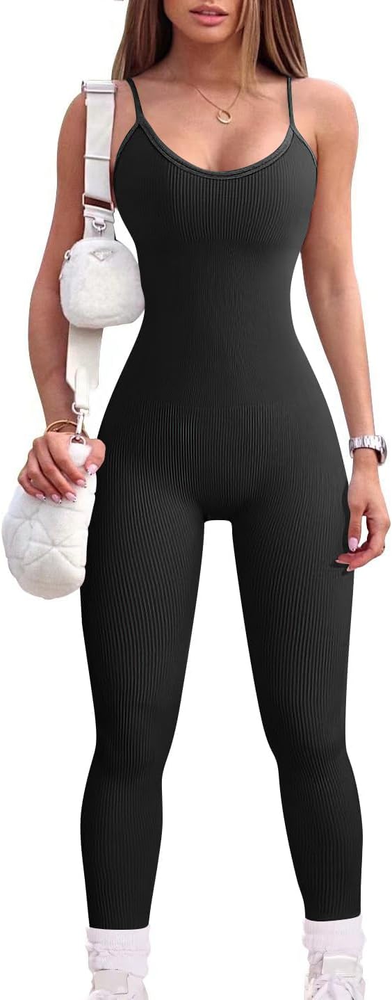 Women Workout Seamless Jumpsuit Yoga Ribbed Bodycon One Piece Spaghetti Strap Le...