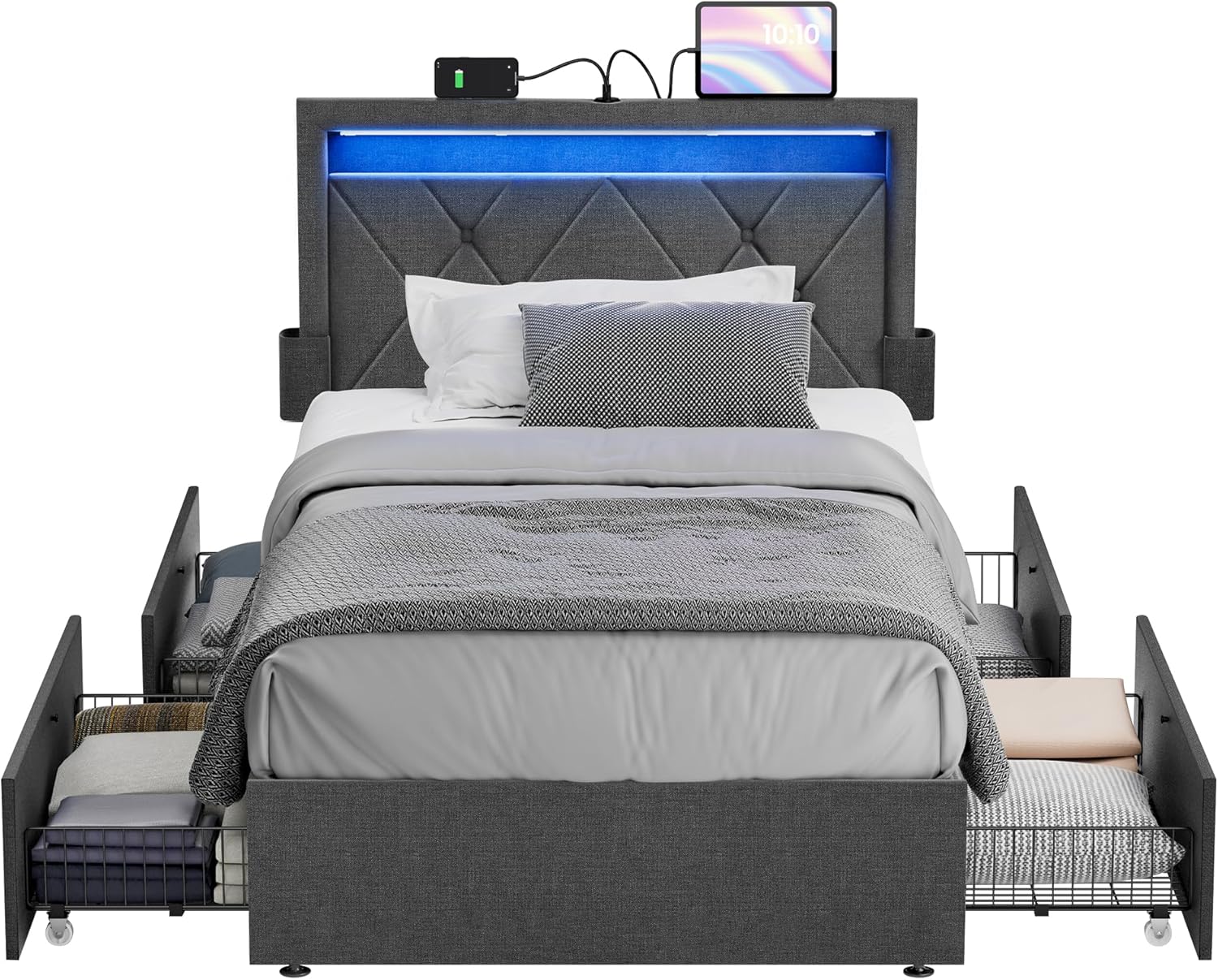 VASAGLE LED Bed Frame Twin Size, 37.1/39.6 Inches, with Headboard and 4 Drawers,...