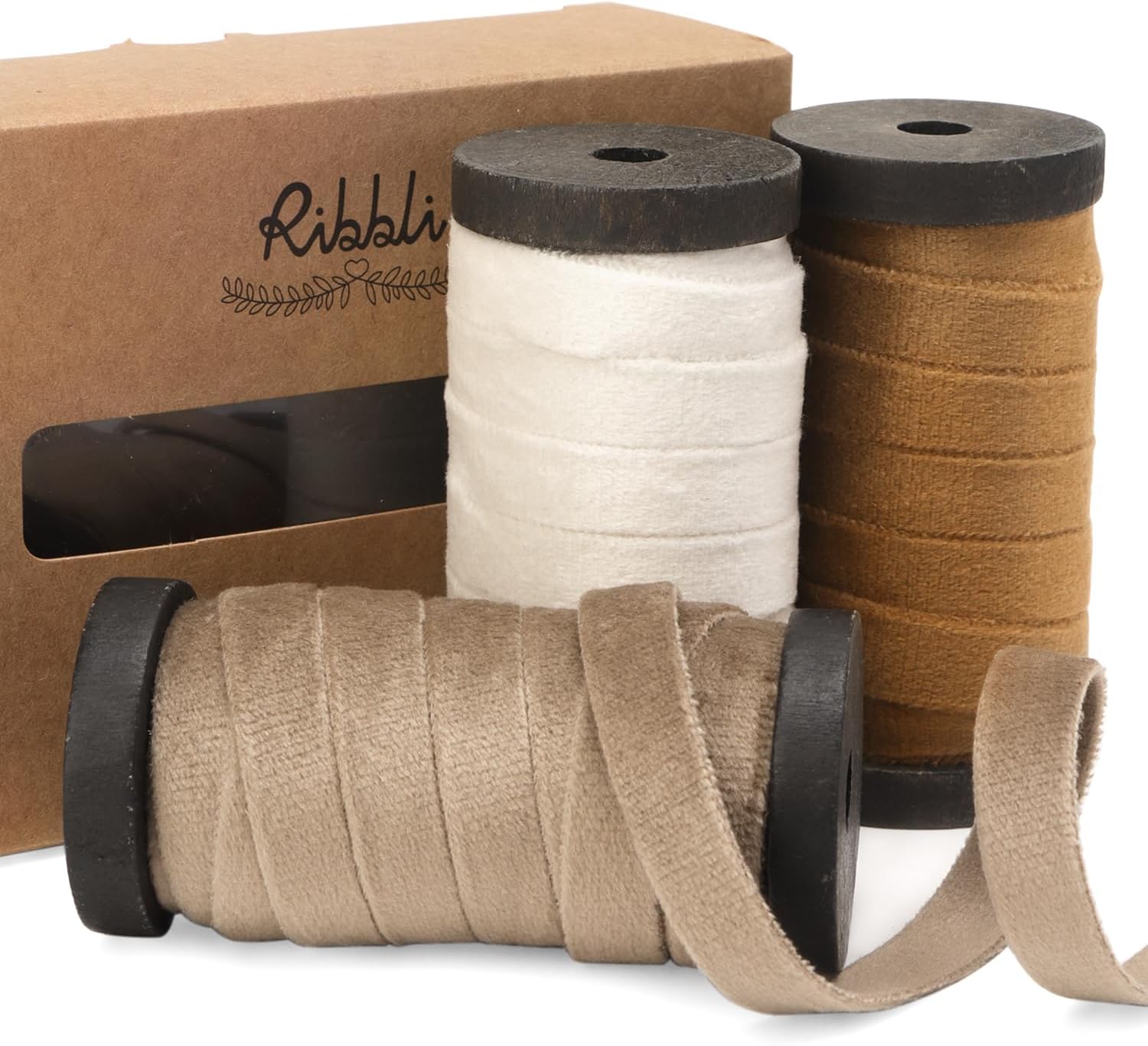 Ribbli Camel White Khaki Velvet Ribbon 3 Rolls Double Faced 3/8 Inch 18-Yard wit...