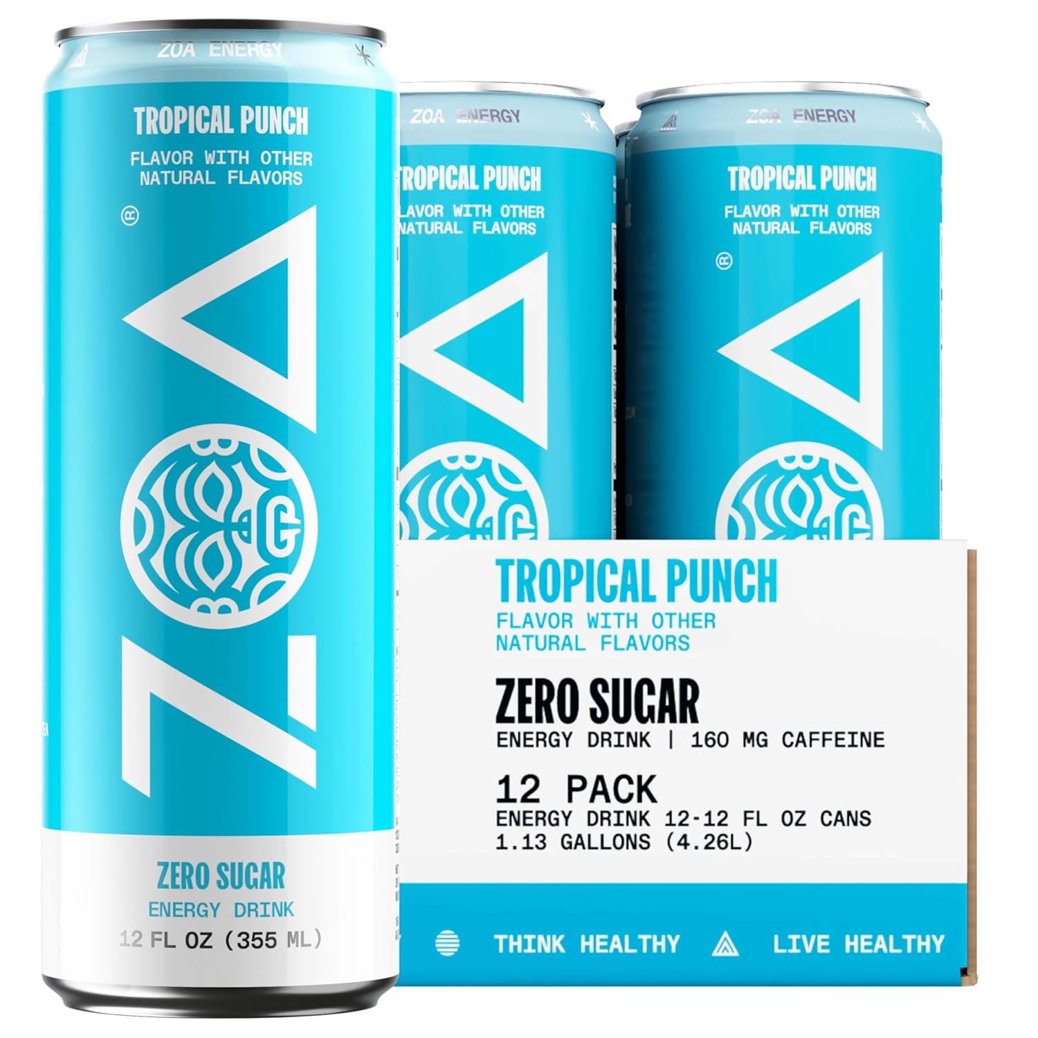 ZOA Zero Sugar Energy Drinks, Tropical Punch - Sugar Free with Electrolytes, Hea...