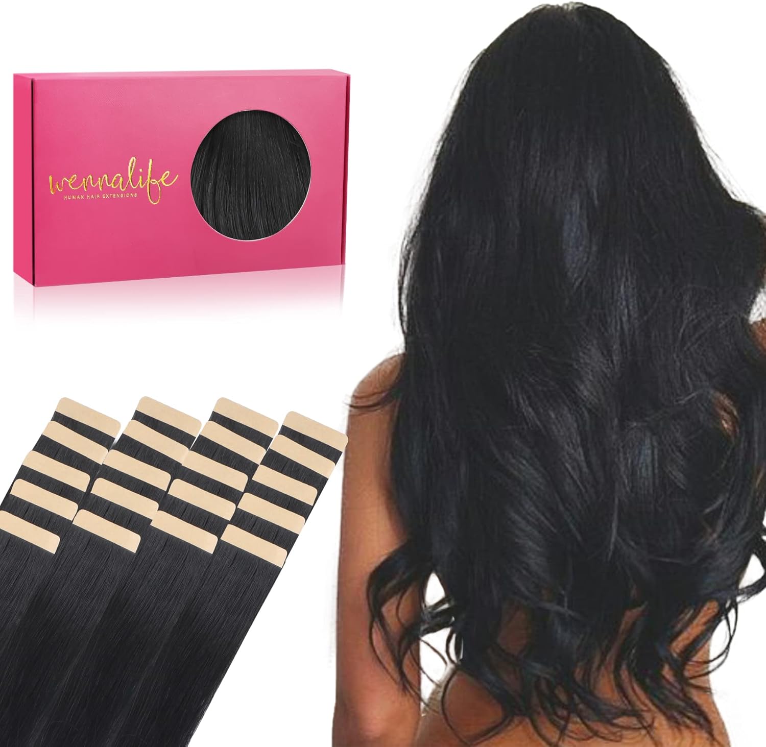 WENNALIFE Tape in Hair Extensions Human Hair, 20pcs 22 inch 50g Jet Black Remy T...