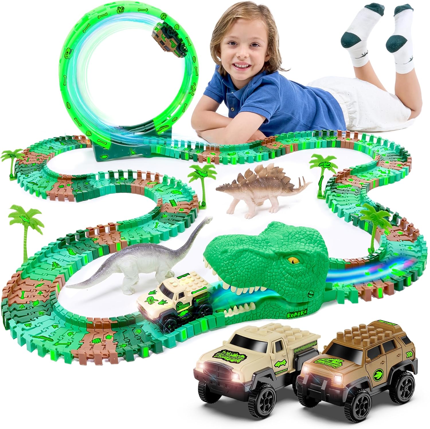 JITTERYGIT Dinosaur Jurassic Race Track Train Glow in The Dark World Toy Set, Ki...