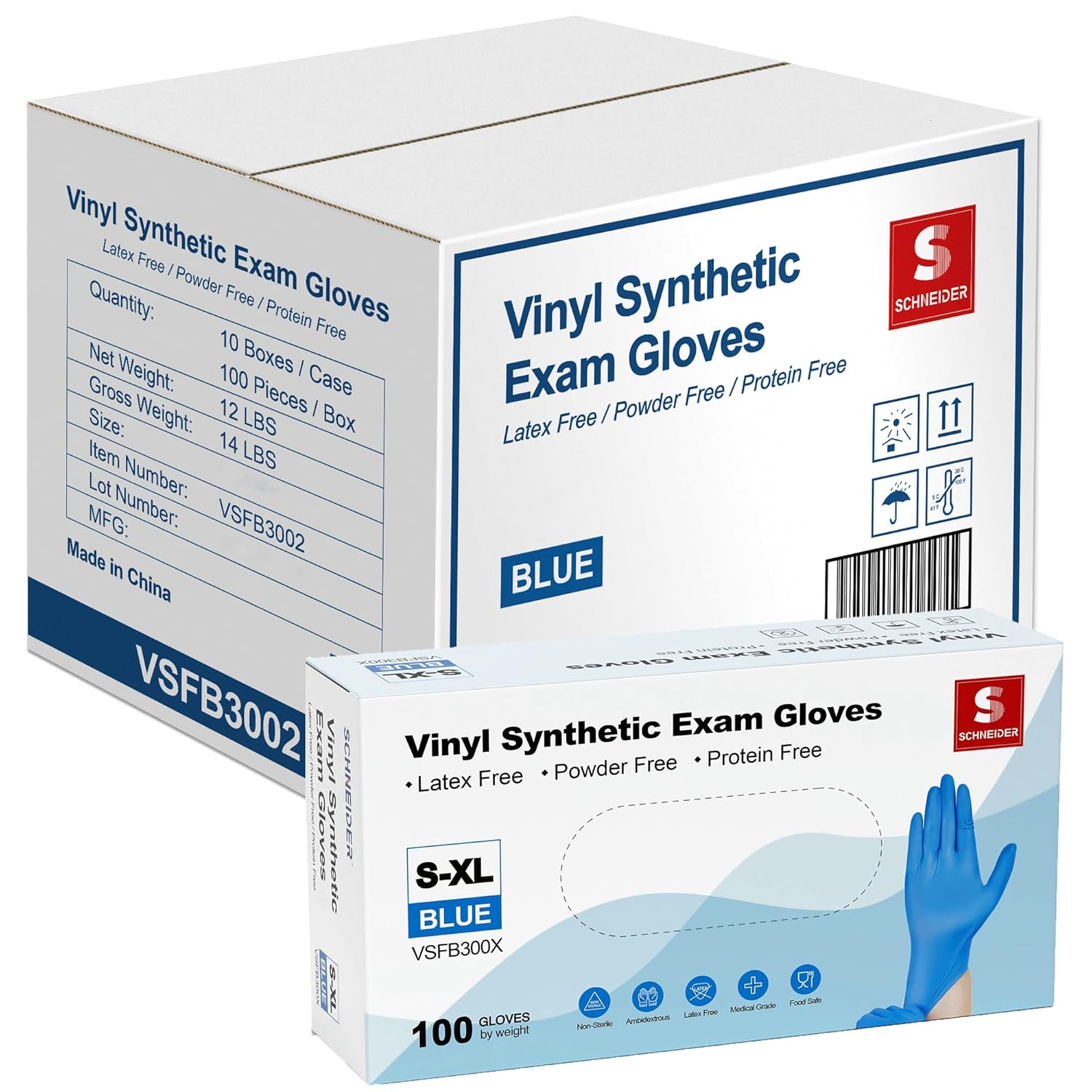 Schneider Blue Vinyl Synthetic Exam Gloves, Medium, Case of 1000, 4-mil, Powder-...