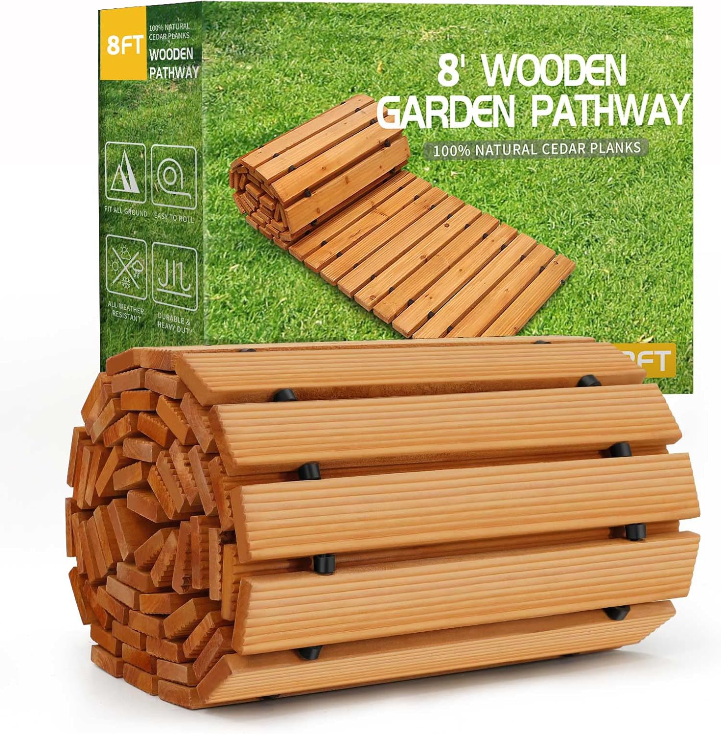 RELIANCER 8' Wooden Garden Pathway,Outdoor Roll Out Cedar Straight Walkway,Patio...