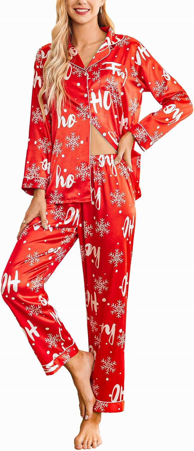 Ekouaer Women's Classic Button Down Long Satin Silk Pajama Set Red Snow Chirstma...