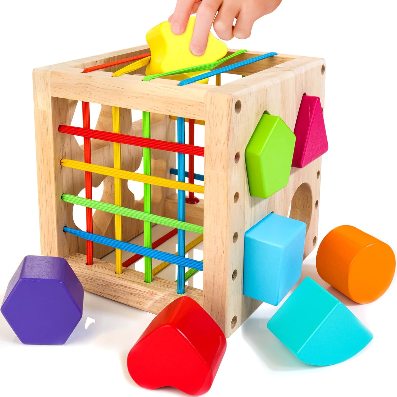 HELLOWOOD Montessori Toys for 1+ Year Old, Wooden Sorter Cube with 8pcs Rattling...