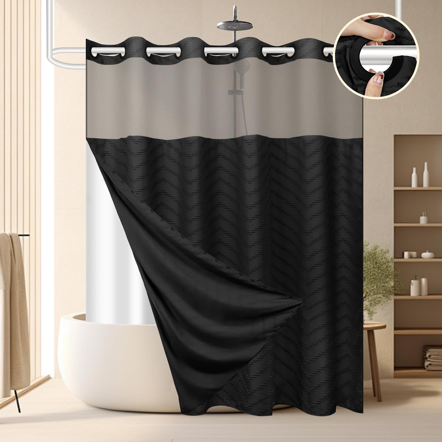 No Hook Shower Curtain and Snap in Liner Set Black Tufted Chevron Striped Cloth...