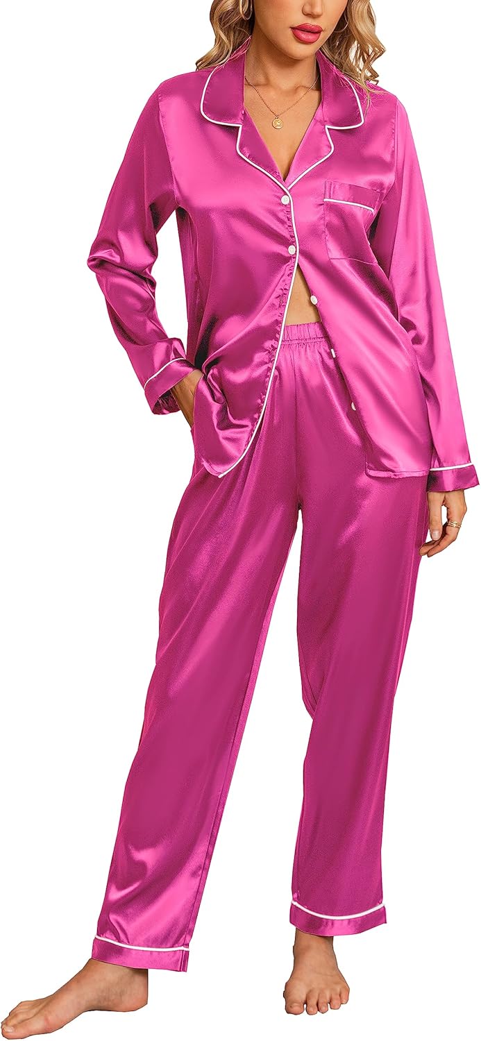Anjue Silk Satin Pajamas Set Women's Long Sleeve Sleepwear Soft Pjs Set Two Piec...