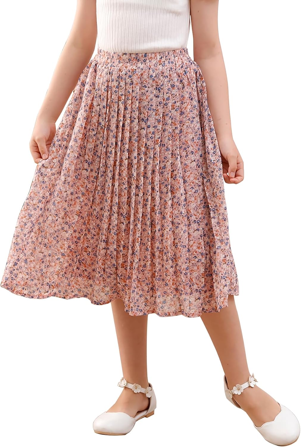 GORLYA Girls Chiffon Pleated Elastic High Waist A-Line Boho Swing Maxi Long Skir...