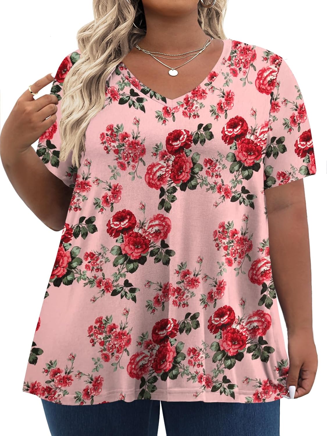 Tencede Womens Plus Size Tops Short Sleeve Tunic Shirts V Neck Summer Floral Loo...