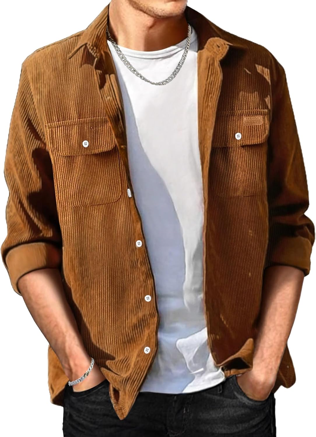 Mens Corduroy Shirts Jacket Button Down Long Sleeve Work Shirts Shackets with Po...
