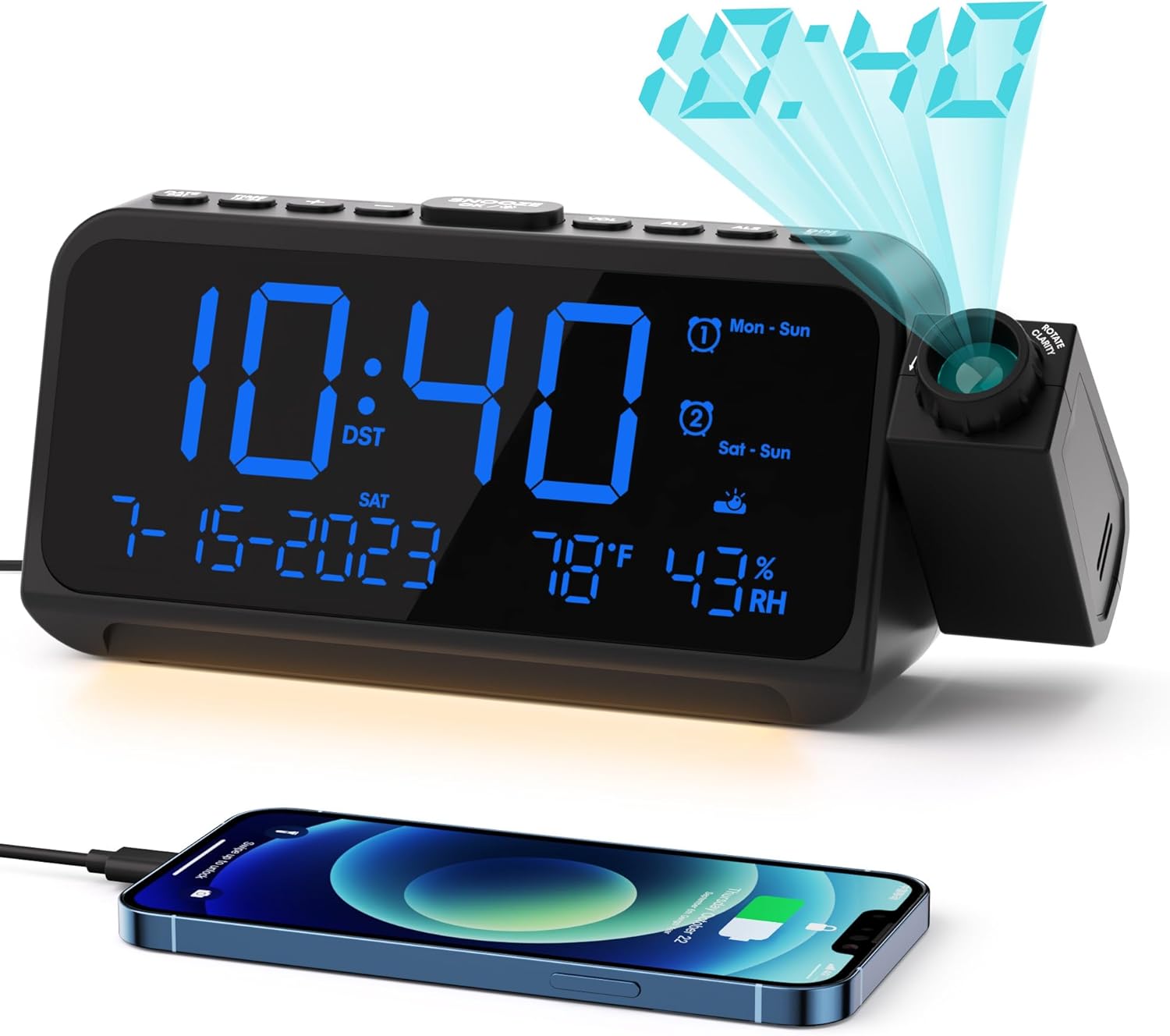 ROCAM Projection Alarm Clock for Bedroom, Digital Clock with Projector on Ceilin...