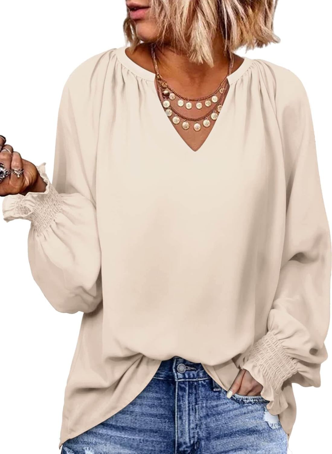 Dokotoo Womens Blouses Smocked Puff Long Sleeve Oversized Women's T-Shirts V Nec...