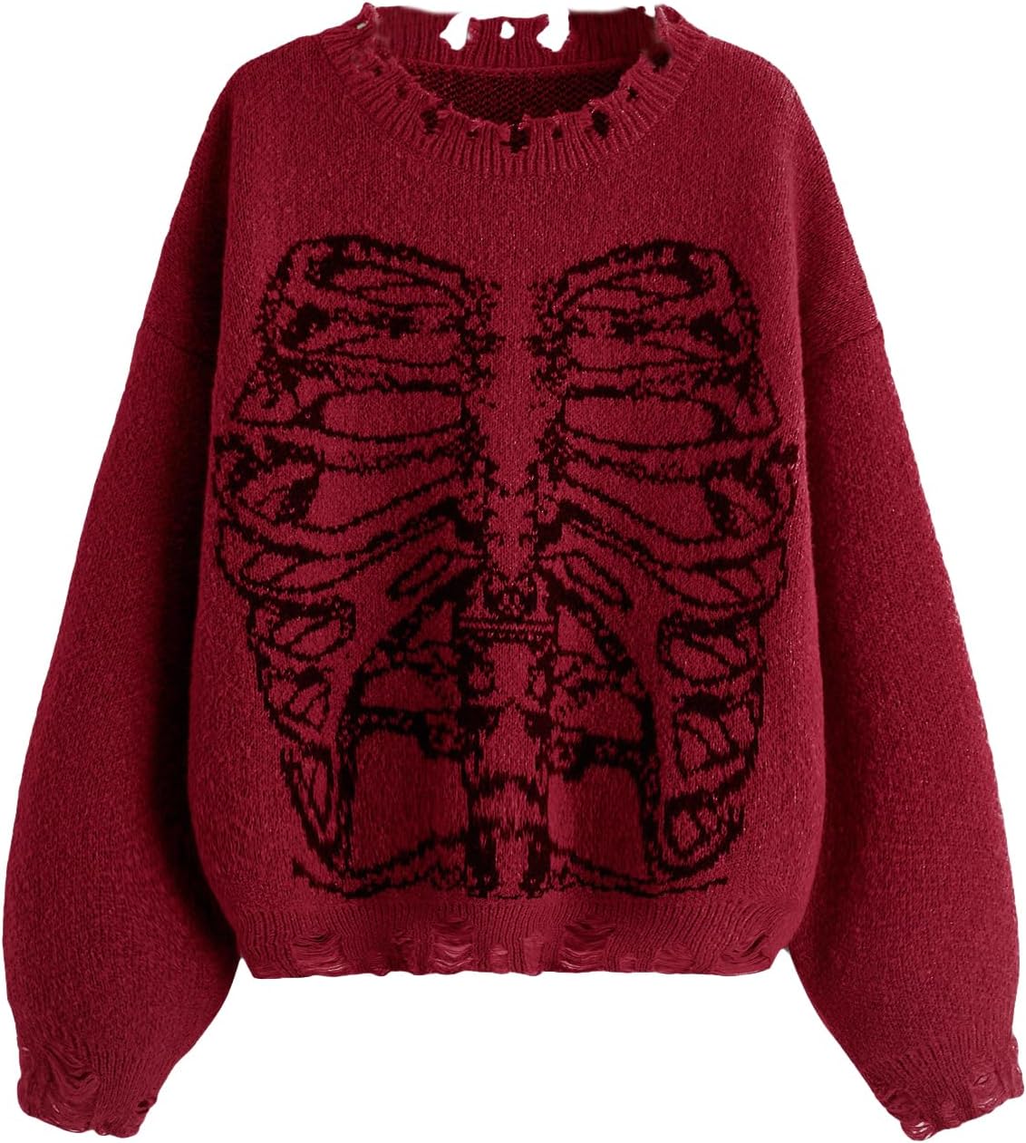 SHENHE Women's Oversized Skeleton Pattern Ripped Round Neck Sweater Pullover X-L...