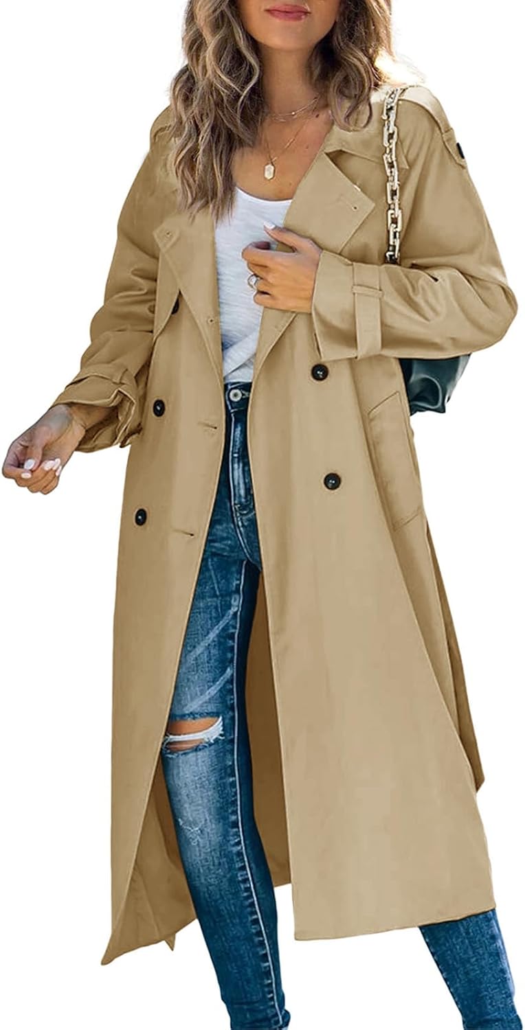 Makkrom Women's Double Breasted Long Trench Coat Windproof Classic Lapel Slim Ov...