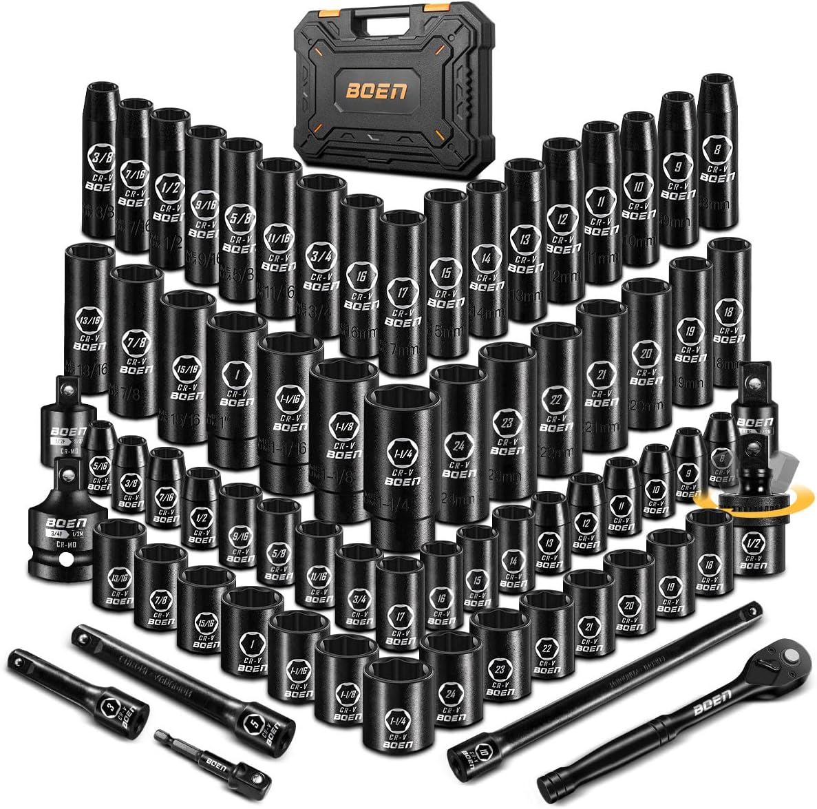 BOEN 1/2" Drive Impact Socket Set, 72 Piece Standard SAE (5/16"-1-1/4") & Metric...