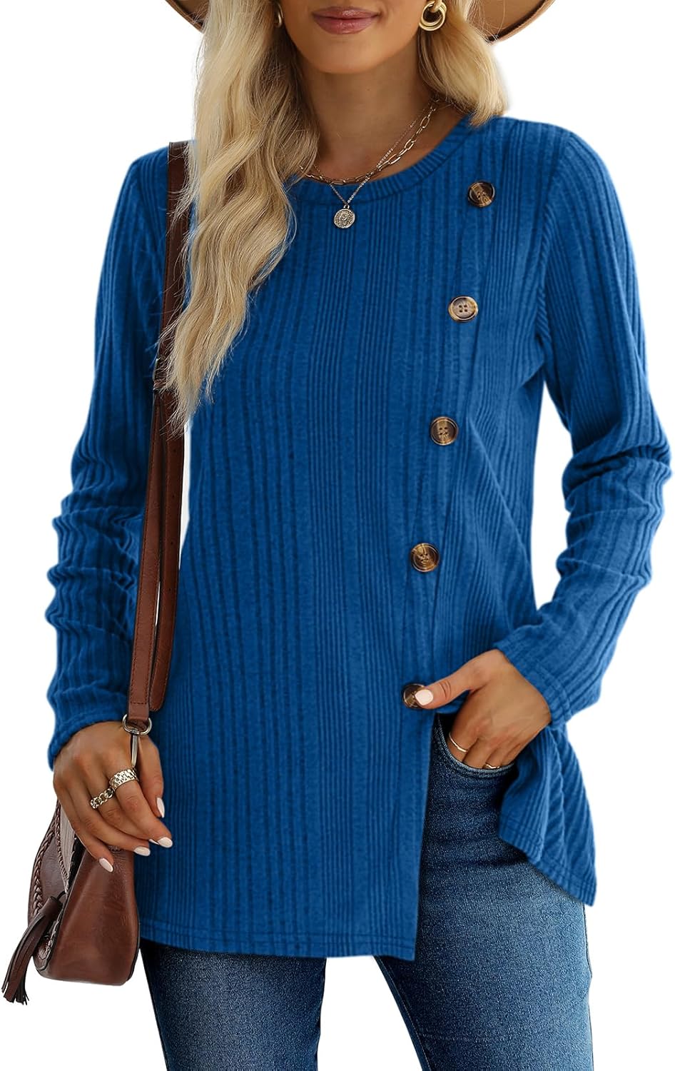 XIEERDUO Long Sleeve Tops for Women Tunics Buttons Front Slit E4- Royal Blue Lar...