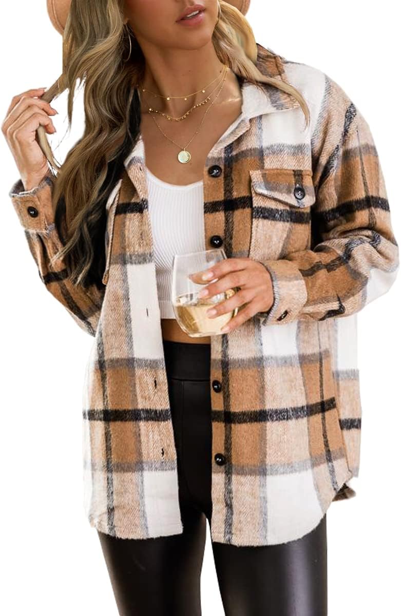 Trendy Queen Womens Flannel Shacket Casual Jacket Plaid Button Down Long Sleeve...