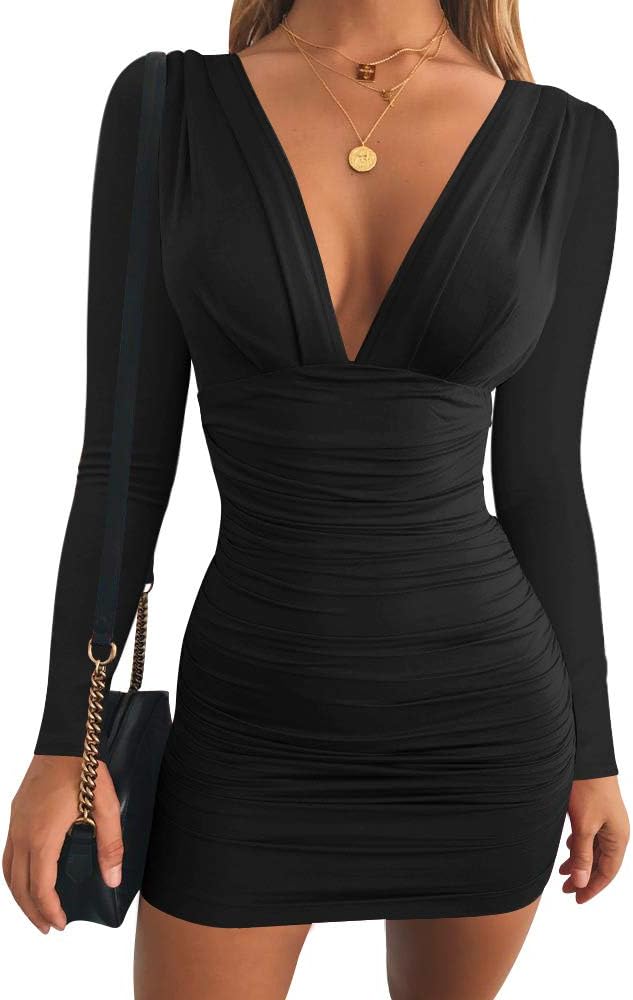 GOBLES Women's Sexy Long Sleeve V Neck Ruched Bodycon Mini Party Cocktail Dress...