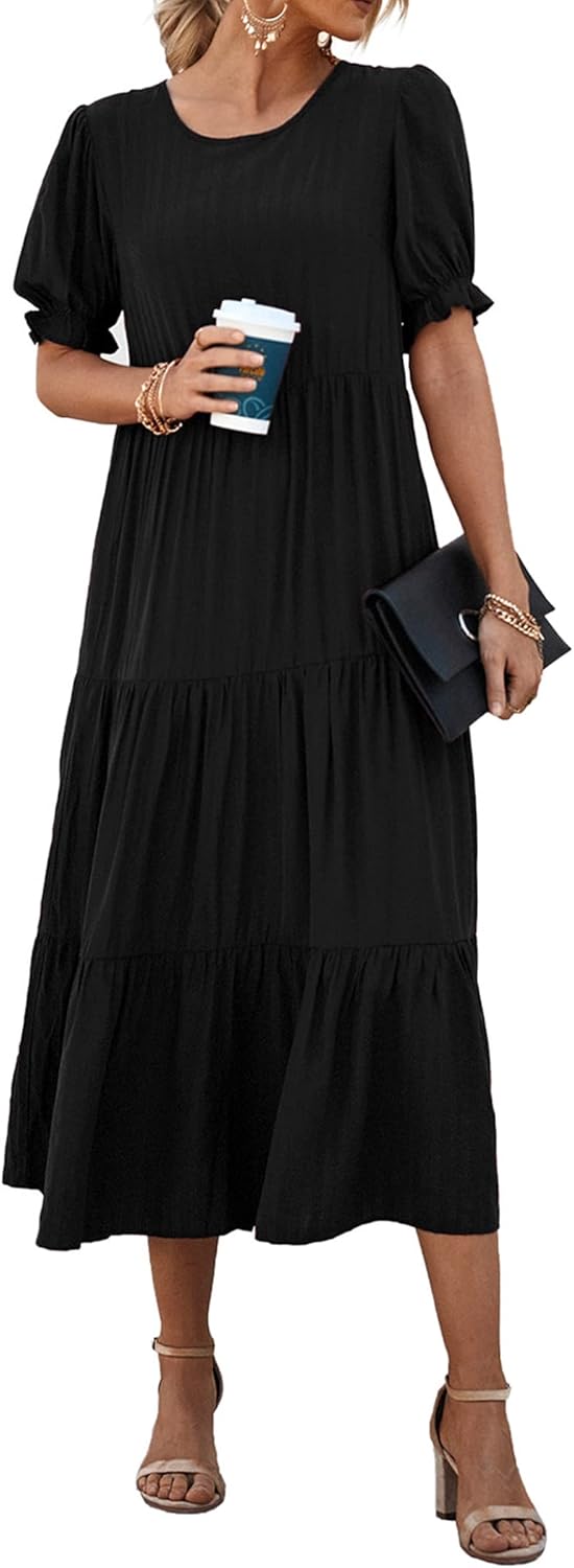 PRETTYGARDEN Women's Summer Casual Boho Dress Floral Print Ruffle Puff Short Sle...