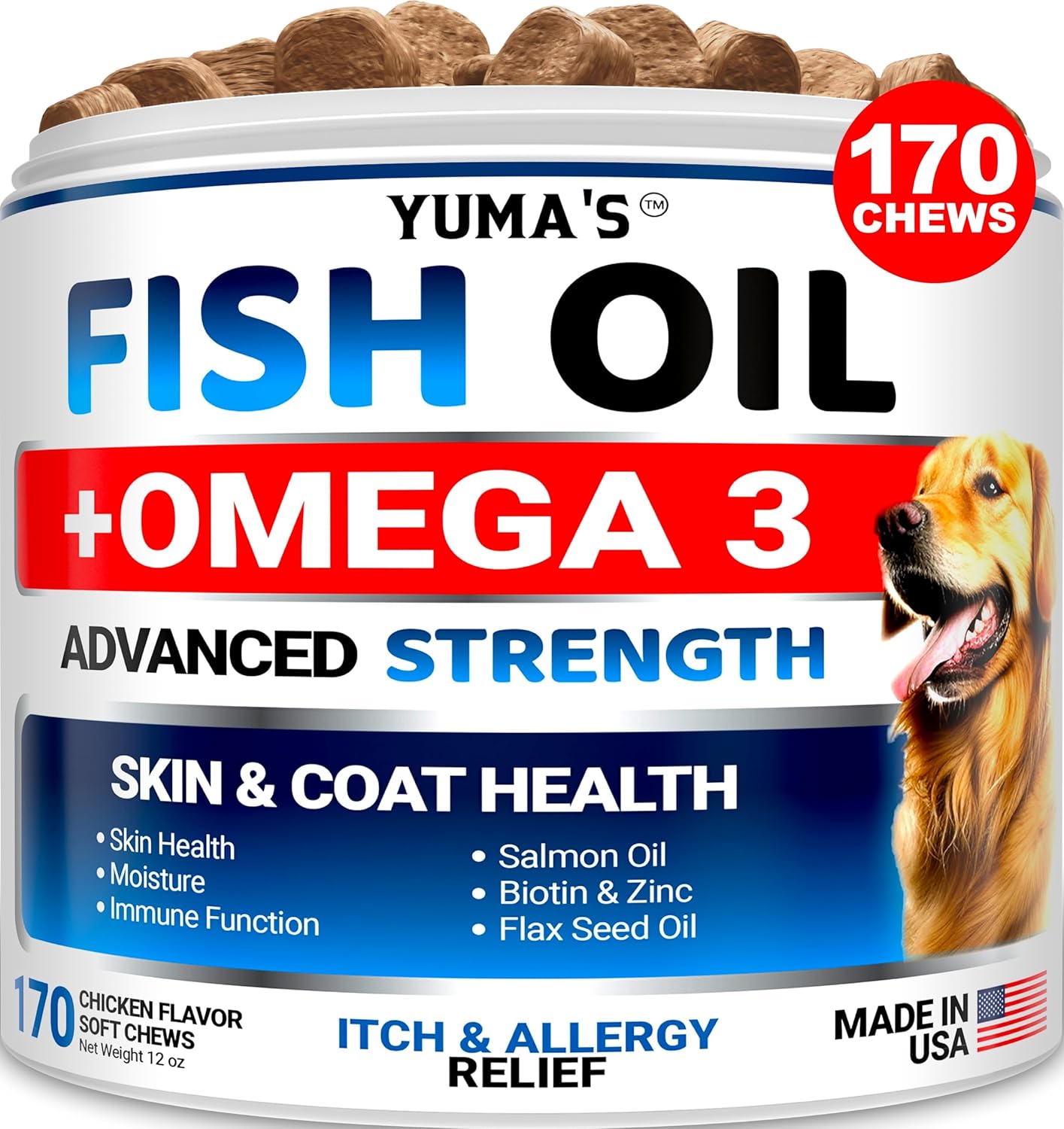Omega 3 Fish Oil for Dogs - 170 Chews - Skin and Coat Supplement - Omega 3 for D...