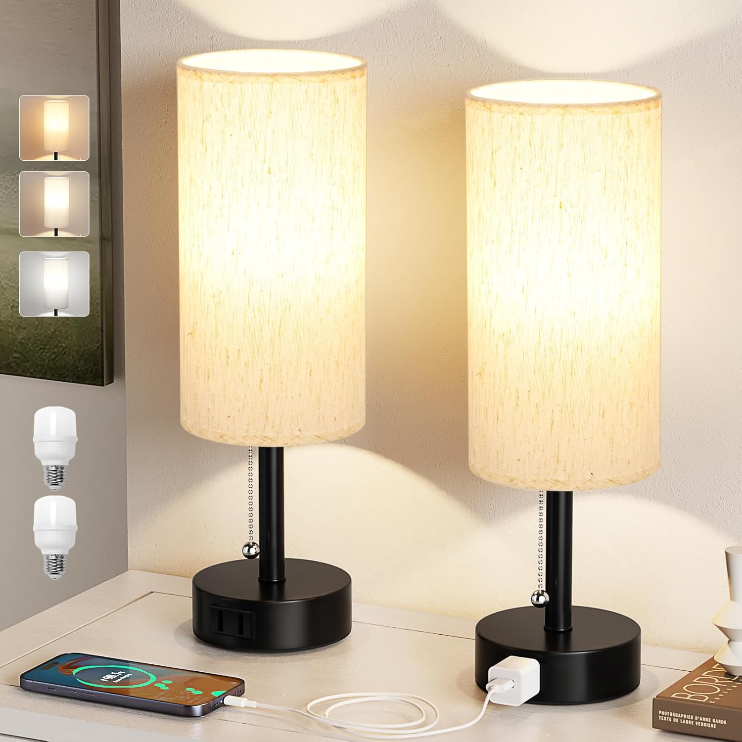 Bedside Table Lamps Set of 2 - 3 Color Temperatures Pull Chain Lamp with AC Outl...