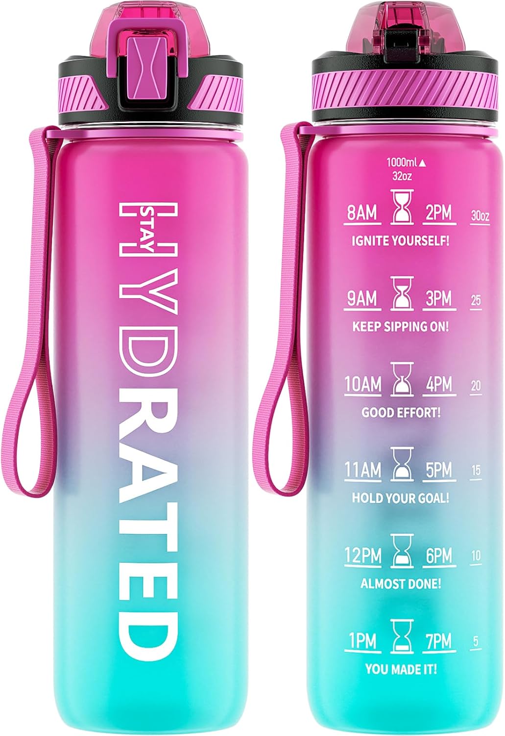 Water Bottle with Straw, 32oz Motivational Water Bottles with Time Marker to Dri...