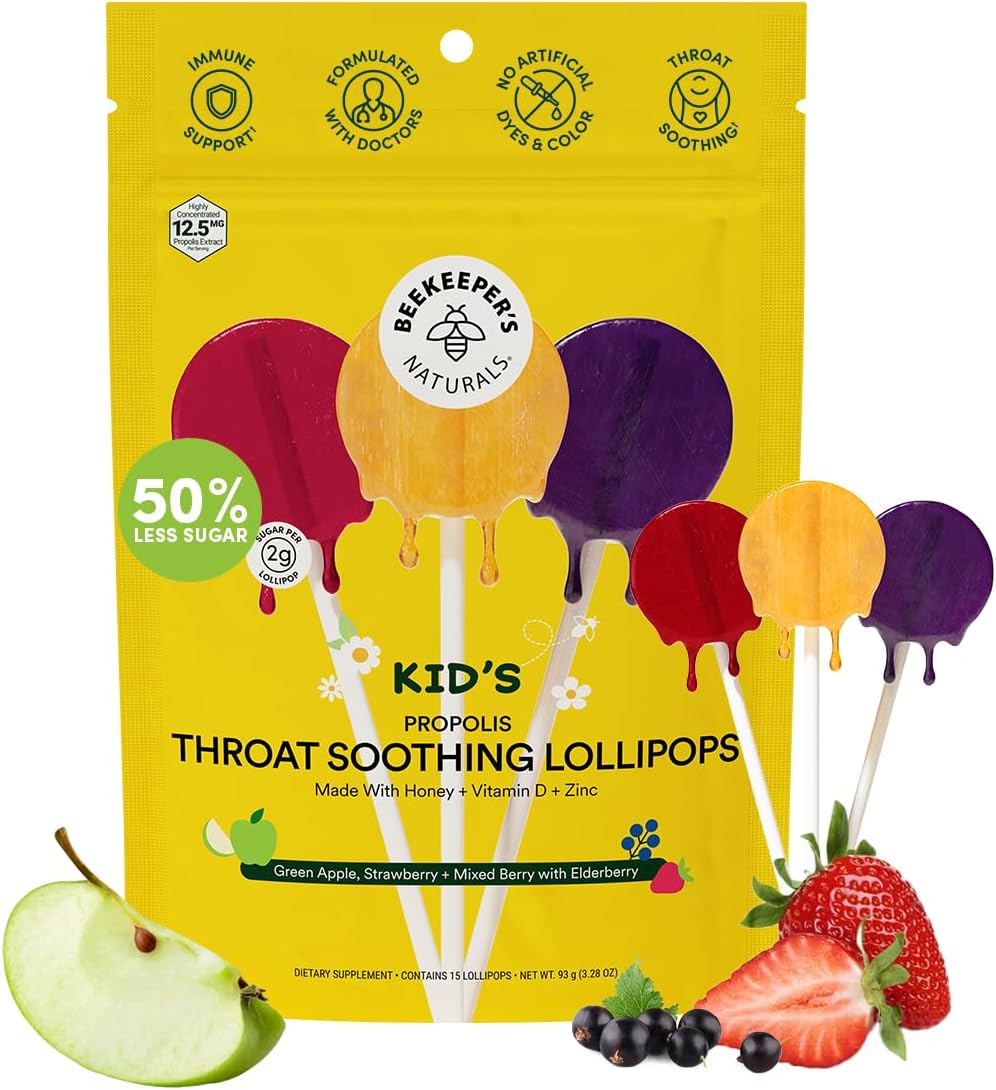 Kids Throat Soothing Lollipops by Beekeeper's Naturals - Doctor Formulated Immun...