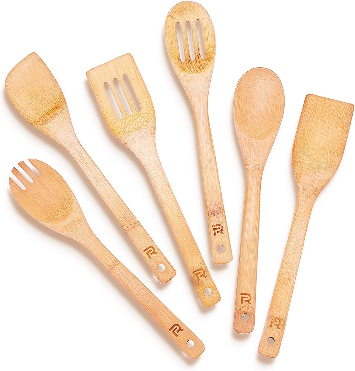 Riveira Bamboo Wooden Spoons for Cooking 6-Piece, Apartment Essentials Wood Spat...