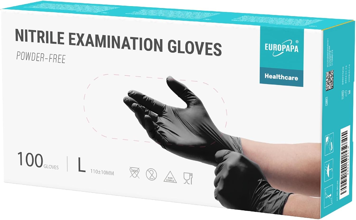 EUROPAPA Nitrile Examination Gloves, Pack of 100 Large (New Box) Black