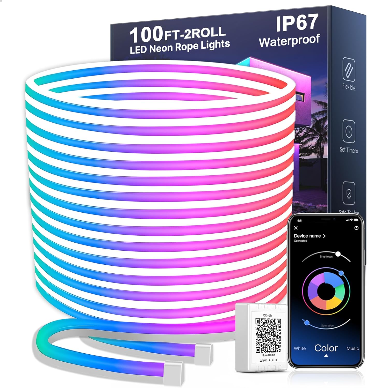 Nexillumi 100FT Neon LED Rope Lights IP67 Waterproof LED Lights for Bedroom Flex...
