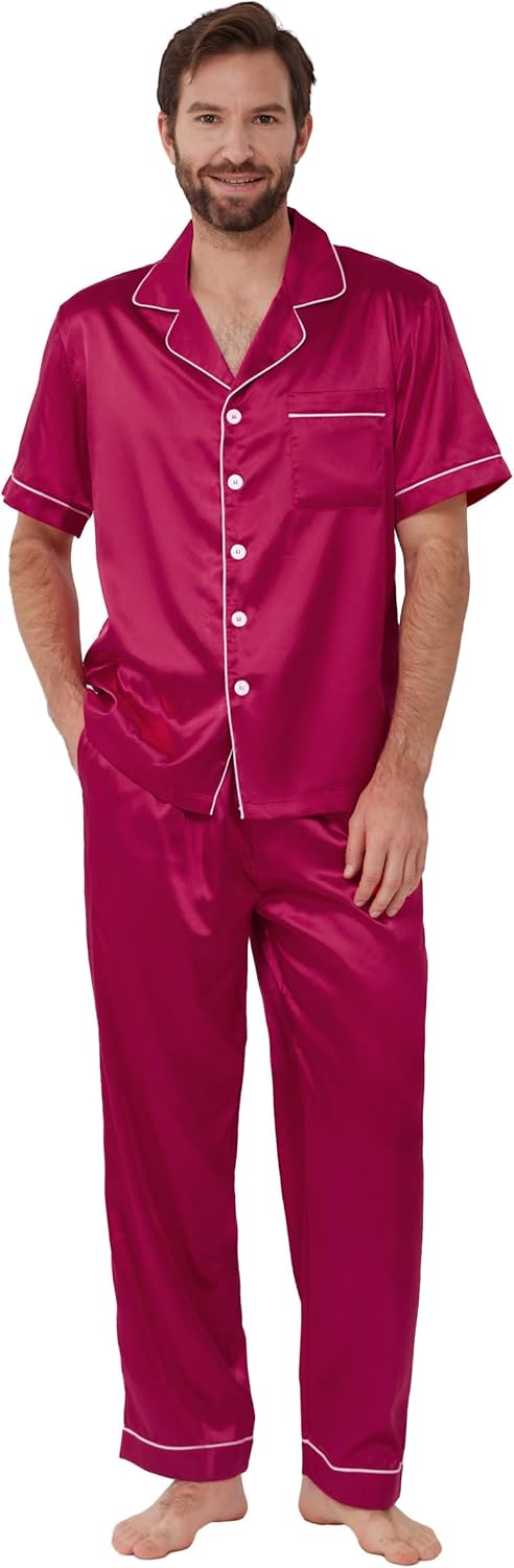 YIMANIE Mens Satin Pajamas Set Classic Short Sleeved and Long Pants Sleepwear Lo...